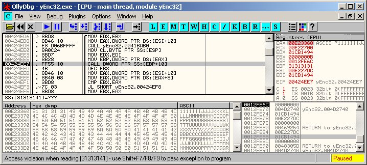 The following screen capture shows that it is possible to control the EIP via the overwritten function pointer on the heap.